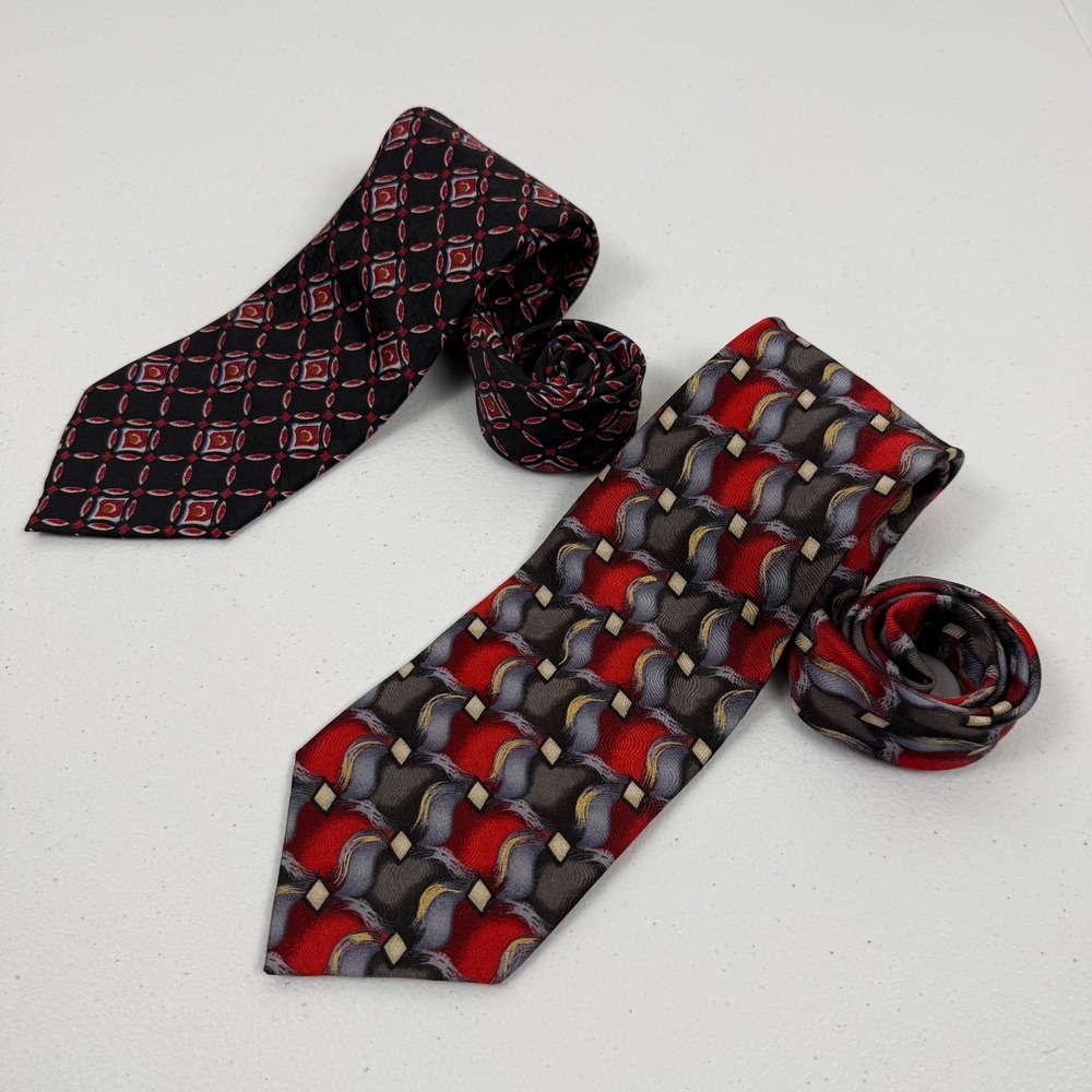 Zianetti Italian Silk Collection Tie Set Mens Red Black Geometric Abstract 2pc